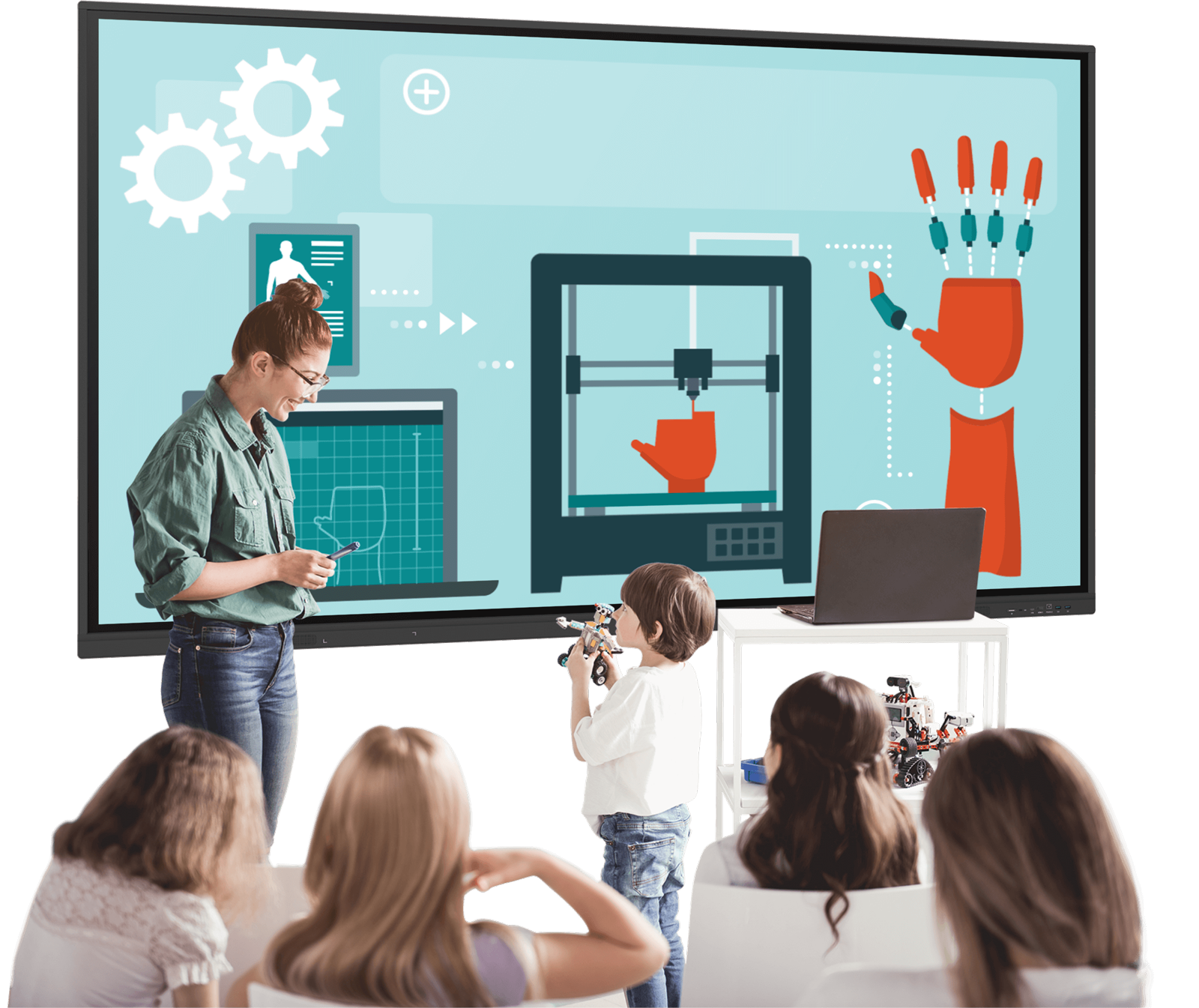 Teacher in front of flat panel and classroom