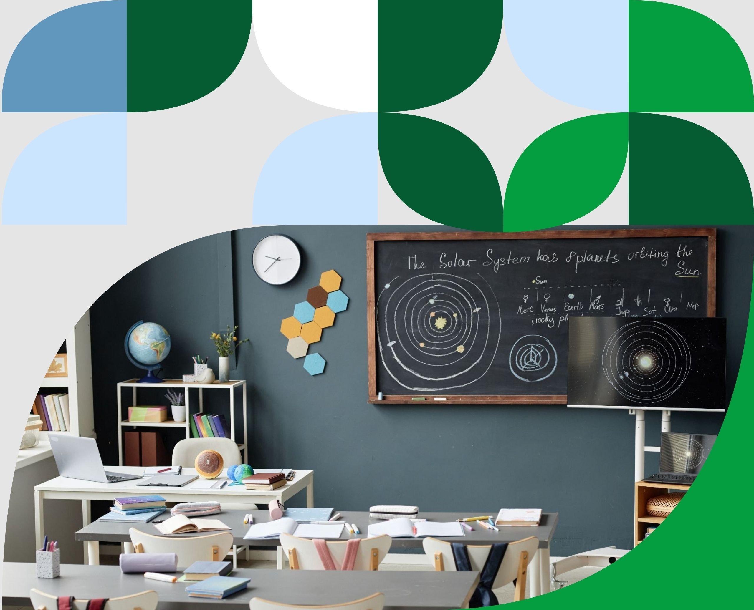 Classroom learning environment with desks, books, and a solar system displayed on both a blackboard and a digital display