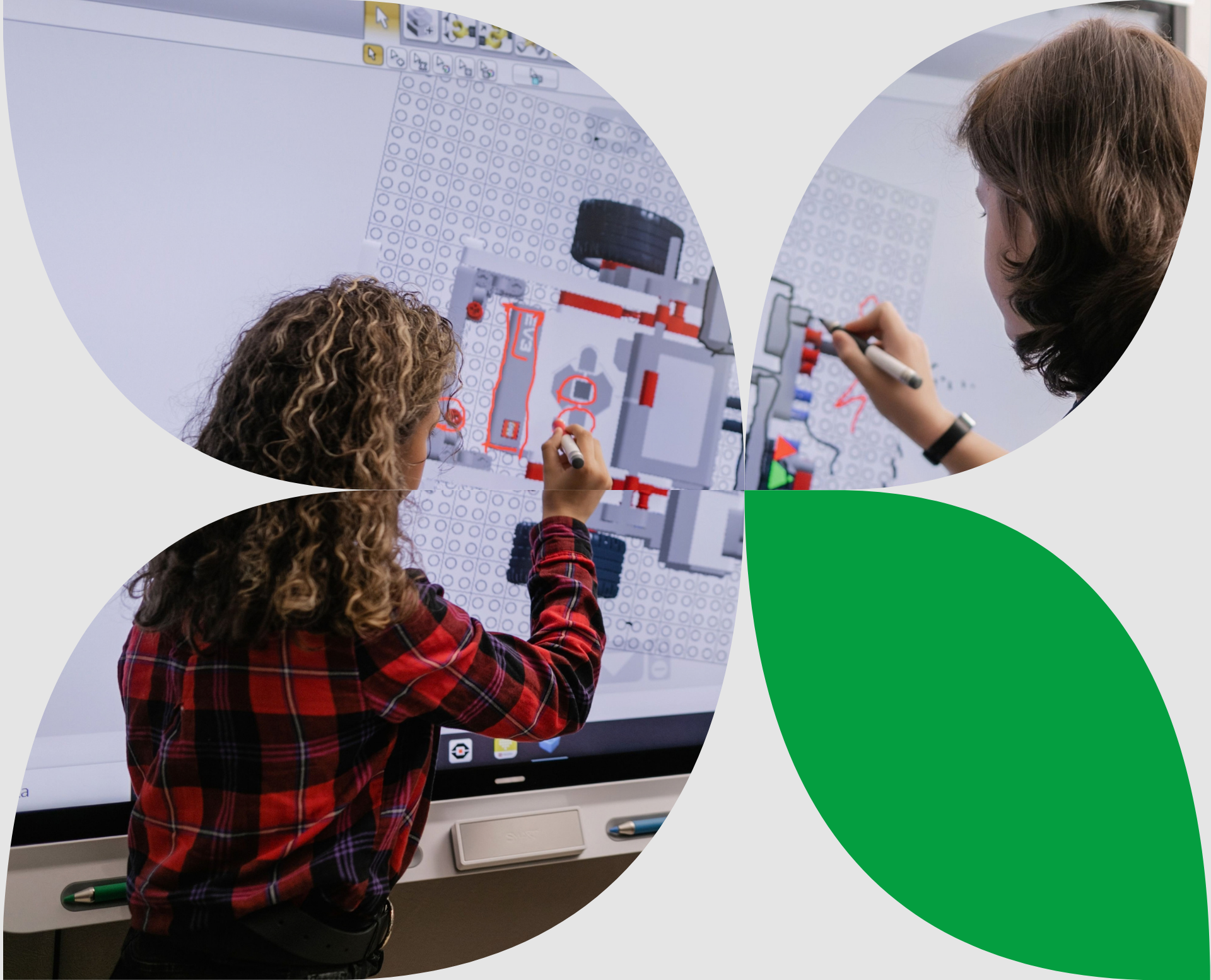Two students using interactive digital signage at school