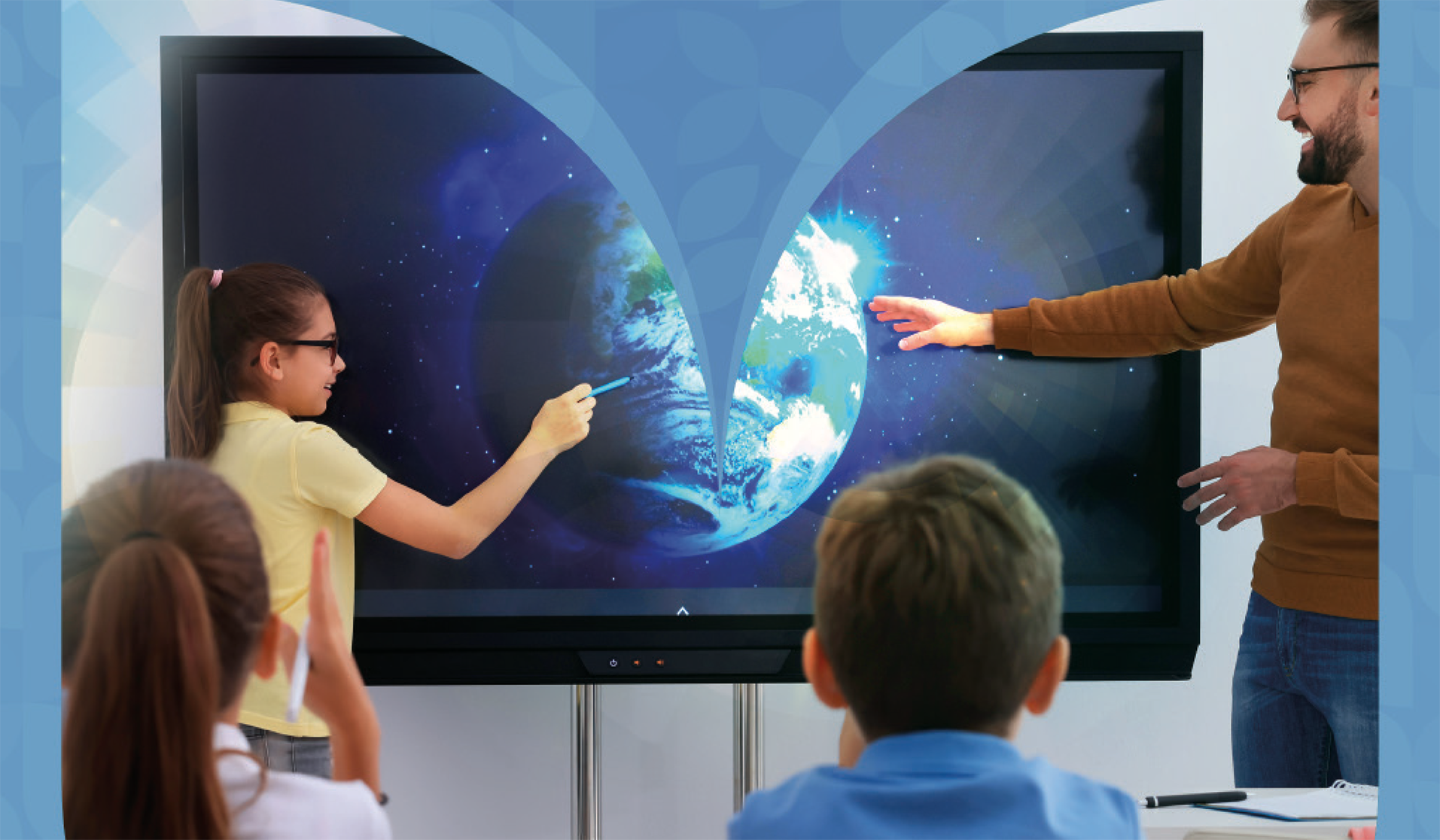 Adult and child pointing at a screen with the earth on it