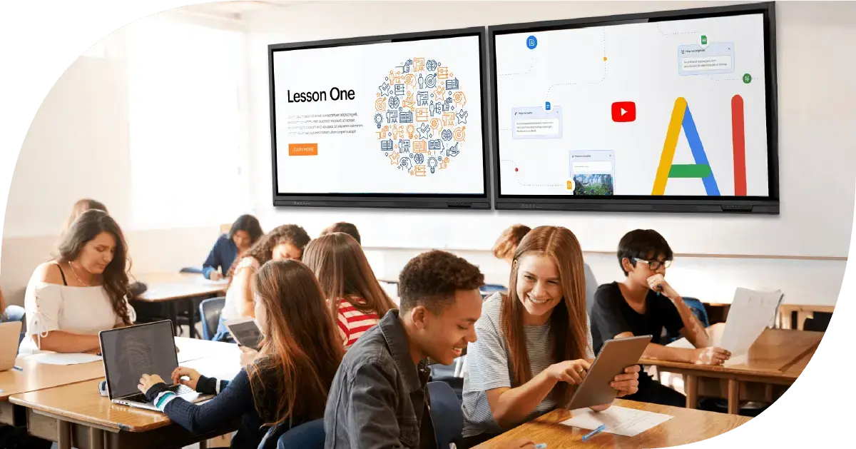 students learning with interactive flat panels